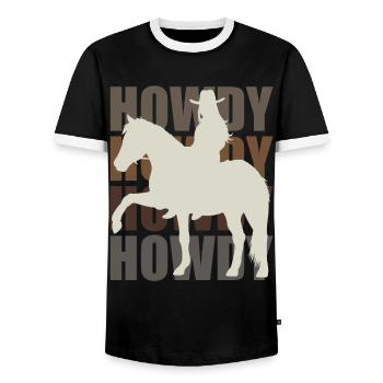 Howdy! Western Rider Greeting and Fun - Men's Ringer Shirt - black/white - Front - AI Model Female 172 light (172cm) & AI Model Male 178 light (178cm)