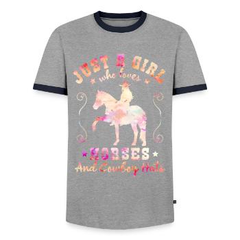 Horse Love - charme Western élégant - T-shirt contrasté Homme - gris/marine  - Devant - AI Model Female 172 light (172cm) & AI Model Male 178 light (178cm)