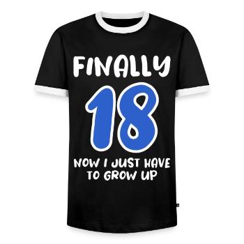 Officially Grown Up - And Now? - Men's Ringer Shirt - black/white - Front - AI Model Female 172 light (172cm) & AI Model Male 178 light (178cm)