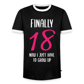 Officially Grown Up - And Now? - Men's Ringer Shirt - black/white - Front - AI Model Female 172 light (172cm) & AI Model Male 178 light (178cm)