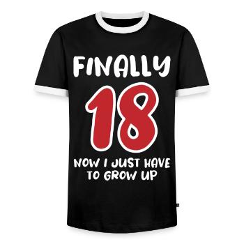 Officially Grown Up - And Now? - Men's Ringer Shirt - black/white - Front - AI Model Female 172 light (172cm) & AI Model Male 178 light (178cm)