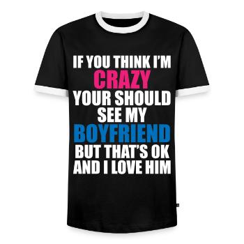 Crazy Friend - Humorous Motif - Men's Ringer Shirt - black/white - Front - AI Model Female 172 light (172cm) & AI Model Male 178 light (178cm)