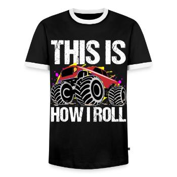 Dynamic Monster Truck Adventure - Men's Ringer Shirt - black/white - Front - AI Model Female 172 light (172cm) & AI Model Male 178 light (178cm)