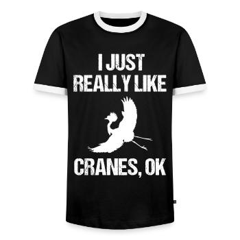 Simply Cranes Lover Statement - Men's Ringer Shirt - black/white - Front - AI Model Female 172 light (172cm) & AI Model Male 178 light (178cm)
