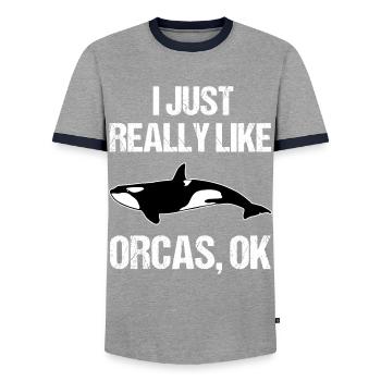 Killer Whale Fan Plain Text Motif - Men's Ringer Shirt - grey/navy  - Front - AI Model Female 172 light (172cm) & AI Model Male 178 light (178cm)