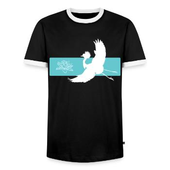 Crane and lotus flower on red bar - Men's Ringer Shirt - black/white - Front - AI Model Female 172 light (172cm) & AI Model Male 178 light (178cm)