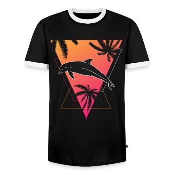 Retro Dolphin Tropics Dream Graphic - Men's Ringer Shirt - black/white - Front - AI Model Female 172 light (172cm) & AI Model Male 178 light (178cm)