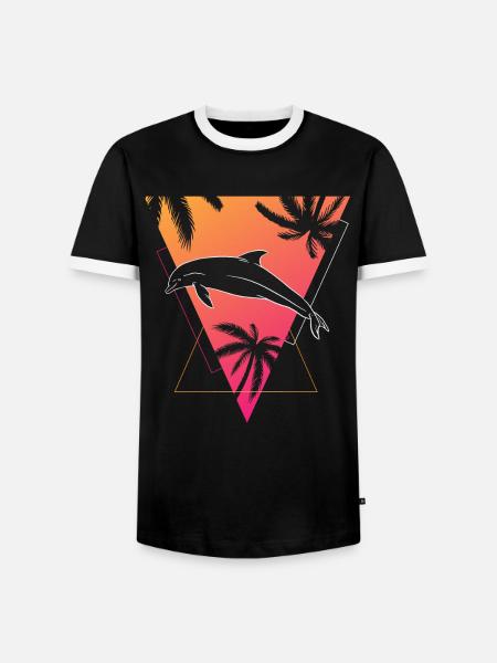 Retro Dolphin Tropics Dream Graphic - Men's Ringer Shirt - black/white