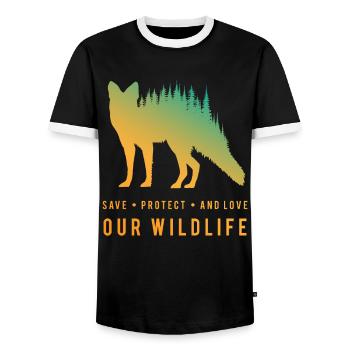 Preserve Foxes - Loves Our Wilderness - Men's Ringer Shirt - black/white - Front - AI Model Female 172 light (172cm) & AI Model Male 178 light (178cm)