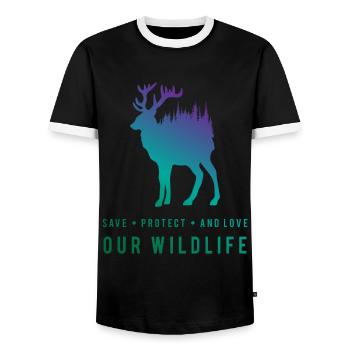 Protecting Nature - Deer in the Forest - Men's Ringer Shirt - black/white - Front - AI Model Female 172 light (172cm) & AI Model Male 178 light (178cm)