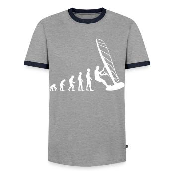 Evolution Windsurfer - From Monkey to Board - Men's Ringer Shirt - grey/navy  - Front - AI Model Female 172 light (172cm) & AI Model Male 178 light (178cm)