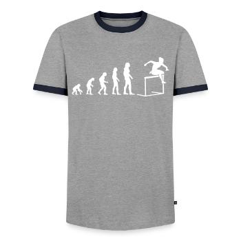 Evolution zum Hindernisläufer - Männer Kontrast-T-Shirt - Grau/Navy  - Vorne - AI Model Female 172 light (172cm) & AI Model Male 178 light (178cm)