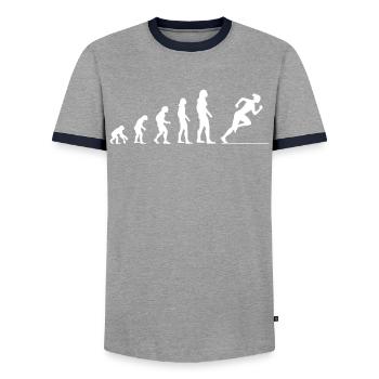 Evolution Run – Faster than Yesterday - Men's Ringer Shirt - grey/navy  - Front - AI Model Female 172 light (172cm) & AI Model Male 178 light (178cm)
