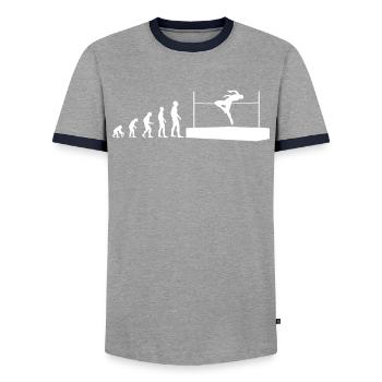 Evolution Hochsprung Athlet Evolutionär - Männer Kontrast-T-Shirt - Grau/Navy  - Vorne - AI Model Female 172 light (172cm) & AI Model Male 178 light (178cm)