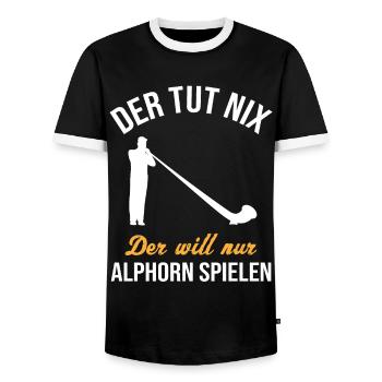 Alphorn Gift - Just Playing, No Doing - Men's Ringer Shirt - black/white - Front - AI Model Female 172 light (172cm) & AI Model Male 178 light (178cm)
