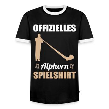 Gift - Official Alphorn Playing Shirt - Men's Ringer Shirt - black/white - Front - AI Model Female 172 light (172cm) & AI Model Male 178 light (178cm)