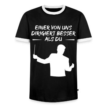 One of Us Conducts Better Than You - Gift - Men's Ringer Shirt - black/white - Front - AI Model Female 172 light (172cm) & AI Model Male 178 light (178cm)