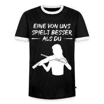 Virtuoso Violinist Can Gift - Men's Ringer Shirt - black/white - Front - AI Model Female 172 light (172cm) & AI Model Male 178 light (178cm)