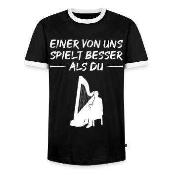Harp Master Easily Outperforms You - Men's Ringer Shirt - black/white - Front - AI Model Female 172 light (172cm) & AI Model Male 178 light (178cm)