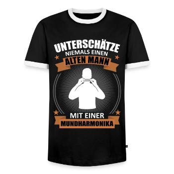 Old Man Harmonica Wisdom - Men's Ringer Shirt - black/white - Front - AI Model Female 172 light (172cm) & AI Model Male 178 light (178cm)