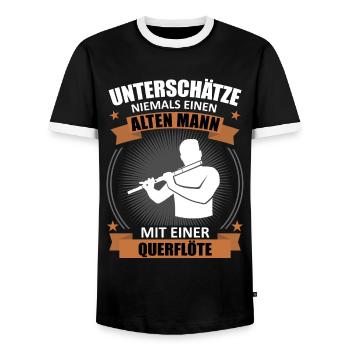 Old man with flute wisdom - Men's Ringer Shirt - black/white - Front - AI Model Female 172 light (172cm) & AI Model Male 178 light (178cm)