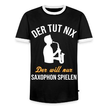 Harmless Saxophonist Joy of Playing Gift - Men's Ringer Shirt - black/white - Front - AI Model Female 172 light (172cm) & AI Model Male 178 light (178cm)