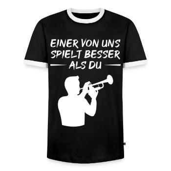 Trumpeter Challenge – Better Than You - Men's Ringer Shirt - black/white - Front - AI Model Female 172 light (172cm) & AI Model Male 178 light (178cm)