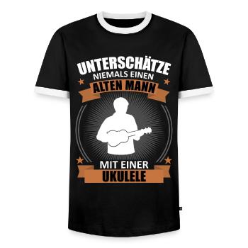 Old Man Ukulele Wisdom - Men's Ringer Shirt - black/white - Front - AI Model Female 172 light (172cm) & AI Model Male 178 light (178cm)