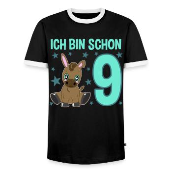 Nine-year-old donkey: Big party - Men's Ringer Shirt - black/white - Front - AI Model Female 172 light (172cm) & AI Model Male 178 light (178cm)