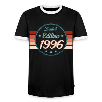 1996 Retro Highlight – Noble Gift - Men's Ringer Shirt - black/white - Front - AI Model Female 172 light (172cm) & AI Model Male 178 light (178cm)