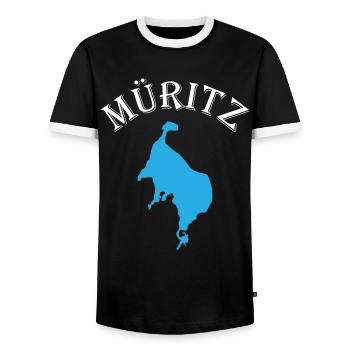 Müritzsee Kontur - Experience pure nature - Men's Ringer Shirt - black/white - Front - AI Model Female 172 light (172cm) & AI Model Male 178 light (178cm)