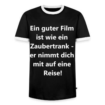 Personalized Movie Poster Print - Men's Ringer Shirt - black/white - Front - AI Model Female 172 light (172cm) & AI Model Male 178 light (178cm)