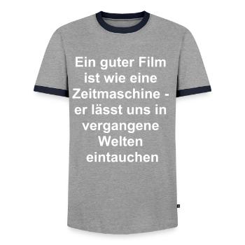 The ideal gift for nostalgics - Men's Ringer Shirt - grey/navy  - Front - AI Model Female 172 light (172cm) & AI Model Male 178 light (178cm)