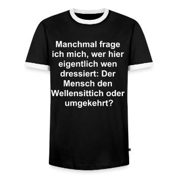 Budgie Masterpiece - Men's Ringer Shirt - black/white - Front - AI Model Female 172 light (172cm) & AI Model Male 178 light (178cm)