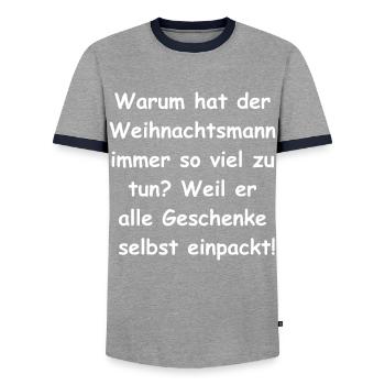 Gift wrapping mess - Men's Ringer Shirt - grey/navy  - Front - AI Model Female 172 light (172cm) & AI Model Male 178 light (178cm)