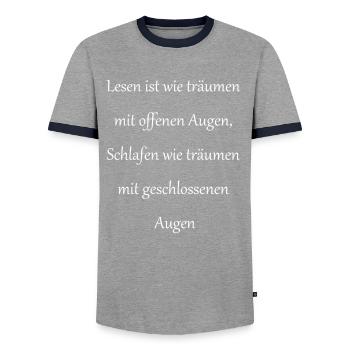 Dreamy Reading Sleep Gift - Men's Ringer Shirt - grey/navy  - Front - AI Model Female 172 light (172cm) & AI Model Male 178 light (178cm)