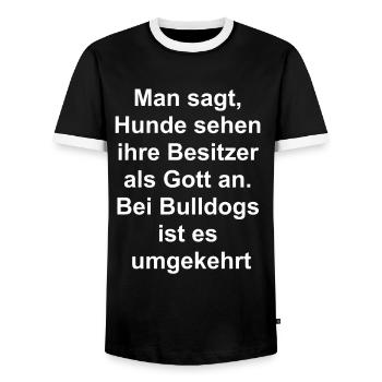 My Human, My God - Bulldog Edition - Men's Ringer Shirt - black/white - Front - AI Model Female 172 light (172cm) & AI Model Male 178 light (178cm)