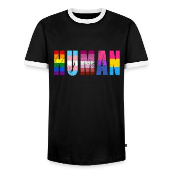 HUMAN LGBTQ Flag Colors Distressed - LGBTQ - Men's Ringer Shirt - black/white - Front - AI Model Female 172 light (172cm) & AI Model Male 178 light (178cm)