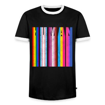 HUMAN in LGBTQ Flag Colors - LGBTQ Flag - Men's Ringer Shirt - black/white - Front - AI Model Female 172 light (172cm) & AI Model Male 178 light (178cm)