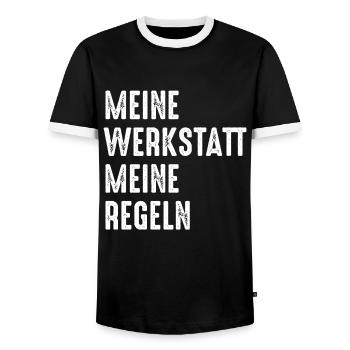 Meine Werkstatt, meine Regeln! Schrauber, Kfz, Fun - Männer Kontrast-T-Shirt - Schwarz/Weiß - Vorne - AI Model Female 172 light (172cm) & AI Model Male 178 light (178cm)