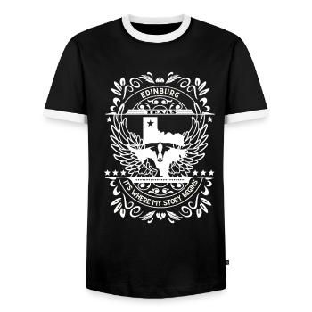 Edinburgh Texas Map where the story begins - Men's Ringer Shirt - black/white - Front - AI Model Female 172 light (172cm) & AI Model Male 178 light (178cm)