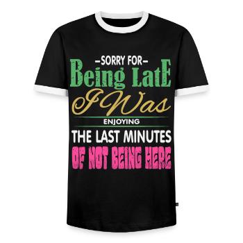 Sorry for the delay - Men's Ringer Shirt - black/white - Front - AI Model Female 172 light (172cm) & AI Model Male 178 light (178cm)