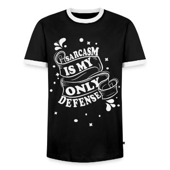 Sarcasm is my only defense - Men's Ringer Shirt - black/white - Front - AI Model Female 172 light (172cm) & AI Model Male 178 light (178cm)