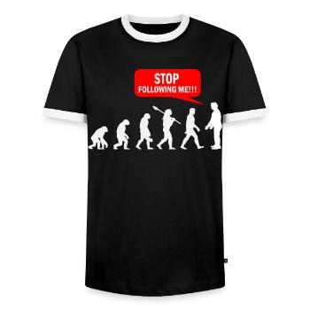 Écoutez-moi pour suivre la revue Australopithecines - T-shirt contrasté Homme - noir/blanc - Devant - AI Model Female 172 light (172cm) & AI Model Male 178 light (178cm)