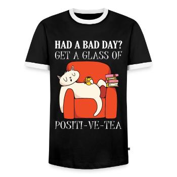 Get a glass of positive tea cat - Men's Ringer Shirt - black/white - Front - AI Model Female 172 light (172cm) & AI Model Male 178 light (178cm)