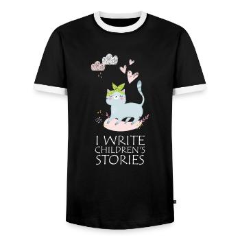 Ich Schreibe Kindergeschichten Katze Wolken Zitat - Männer Kontrast-T-Shirt - Schwarz/Weiß - Vorne - AI Model Female 172 light (172cm) & AI Model Male 178 light (178cm)