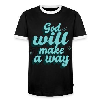 God Will Make a Way, Quote-Faith-Bible - Men's Ringer Shirt - black/white - Front - AI Model Female 172 light (172cm) & AI Model Male 178 light (178cm)