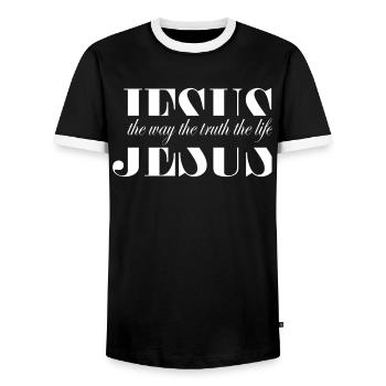 Jesus Die Art Der Wahrheit, Das Leben Des Lebens - Männer Kontrast-T-Shirt - Schwarz/Weiß - Vorne - AI Model Female 172 light (172cm) & AI Model Male 178 light (178cm)