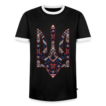 Broderie du trident de l’emblème ukrainien - T-shirt contrasté Homme - noir/blanc - Devant - AI Model Female 172 light (172cm) & AI Model Male 178 light (178cm)