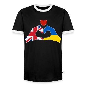 UK supports Ukraine Love Heart - Men's Ringer Shirt - black/white - Front - AI Model Female 172 light (172cm) & AI Model Male 178 light (178cm)